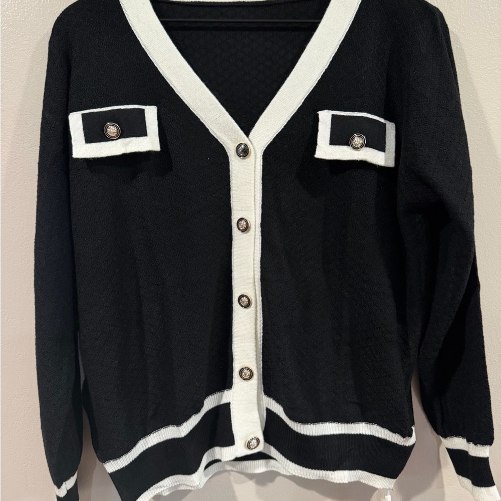 Boutique Black and White Button-Up Cardigan NWT Large
